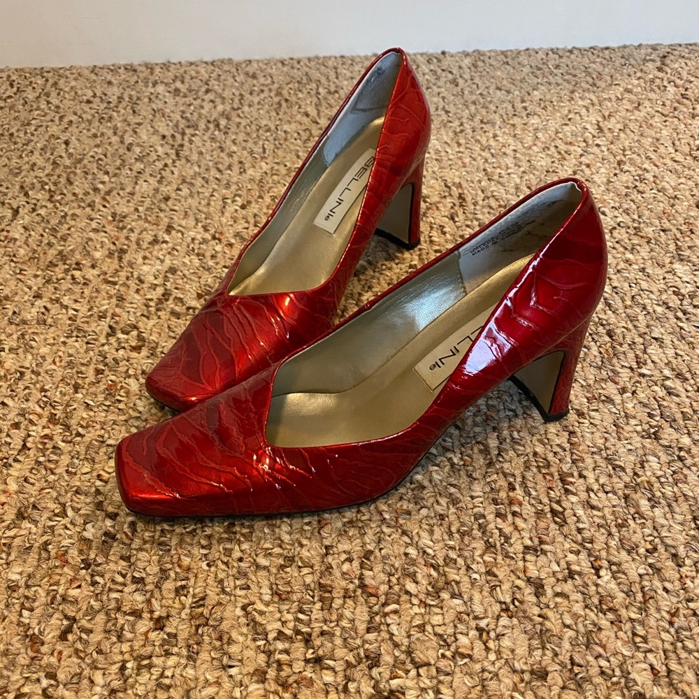 Bellini Red Croc-Embossed Block Heel Pumps